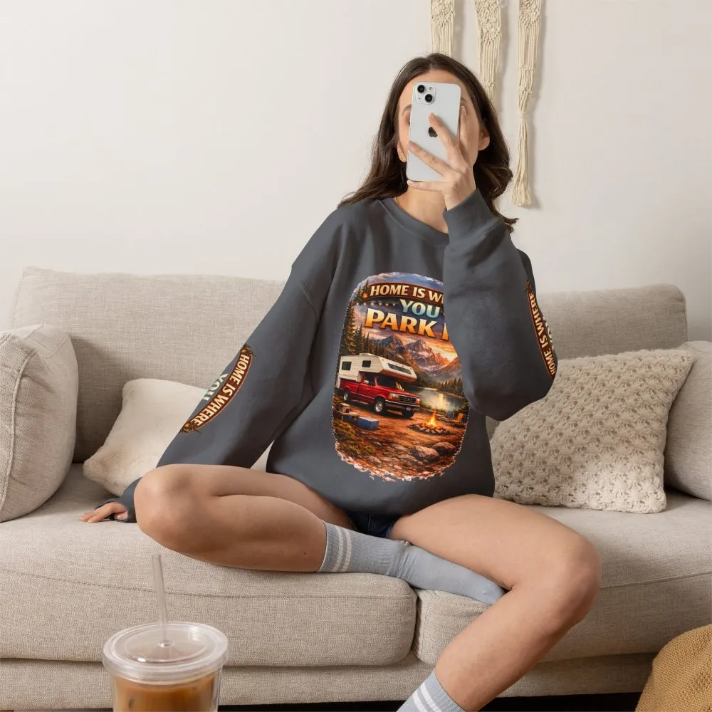 Unisex Heavy Blend™ Crewneck Sweatshirt — "Home Is Where You Park It" Design Scenic-Line