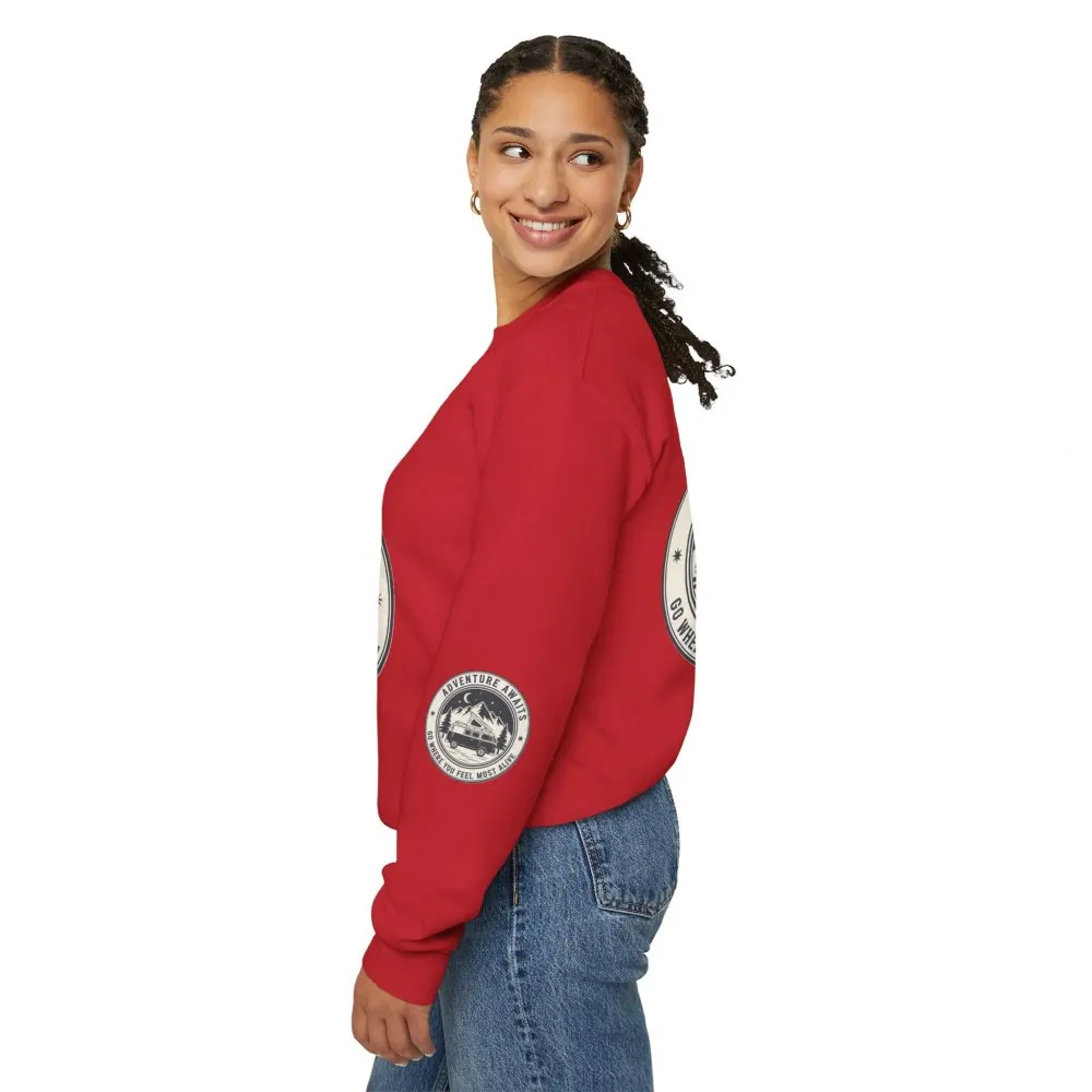 Crewneck Sweatshirt — "Adventure Awaits-Go Where You Feel Most Alive" (Font + Back + Sleaves printed) Vintage Camper Van Outdoor Graphic