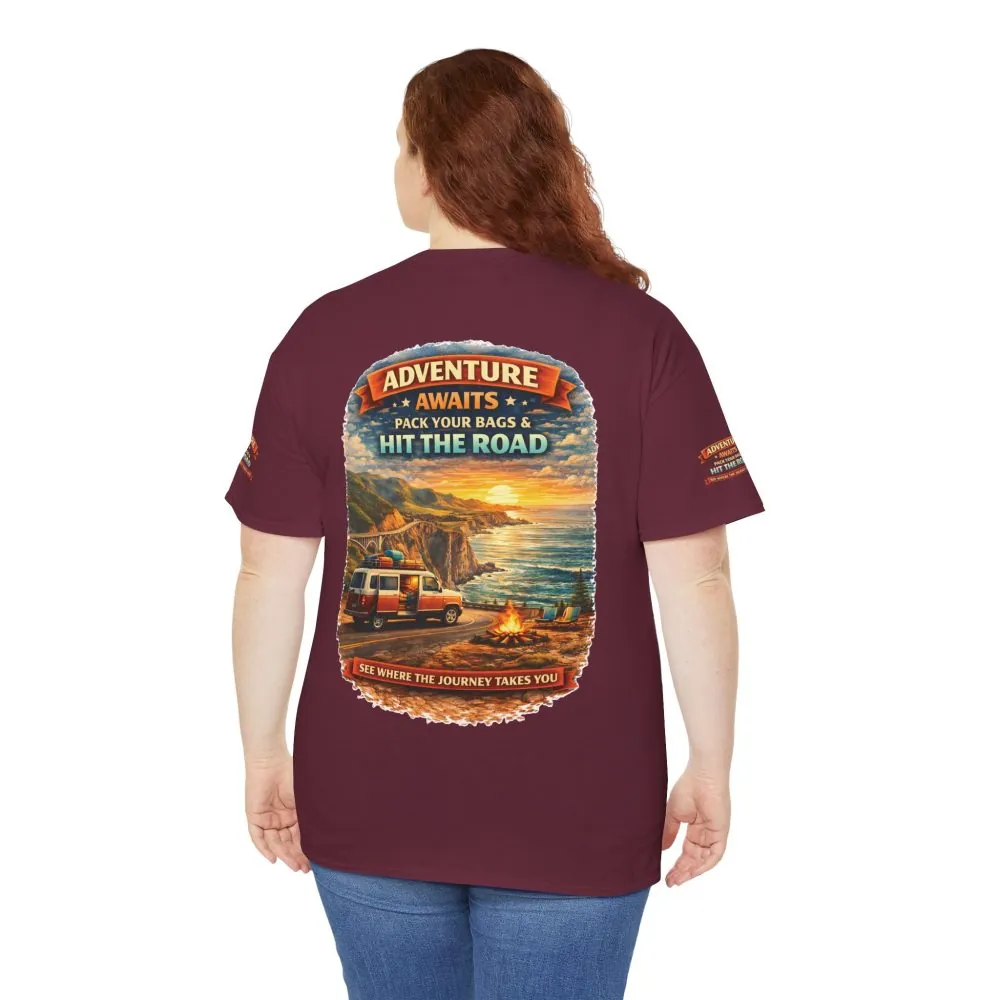 Unisex Heavy Cotton Tee — "Adventure Awaits-Pack Your Bags" Design Scenic-Line