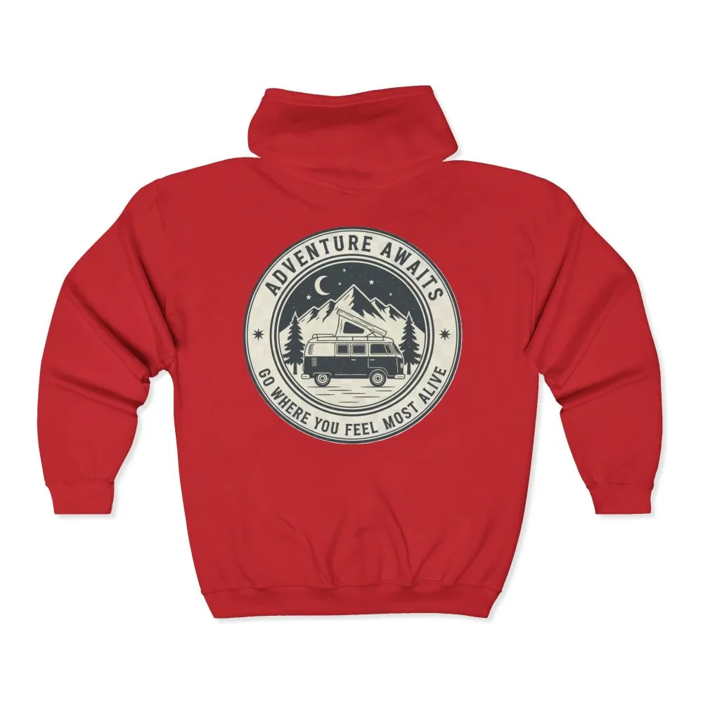 6722527765189202048_2048.jpeg Zip Hoodie — "Adventure Awaits-Go Where You Feel Most Alive" (Only Back Printed) Camper Van Adventure Zip-Up