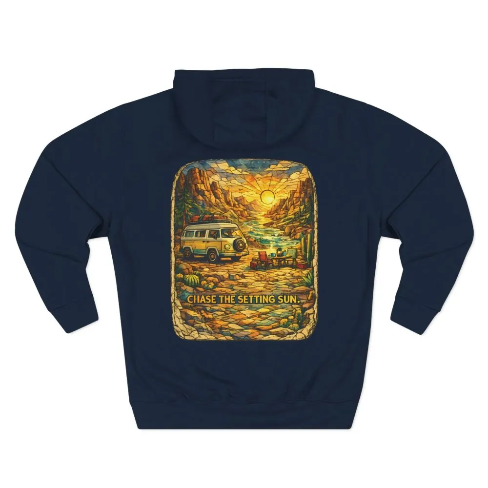 Three-Panel Fleece Hoodie - "Chase The Settings Sun" Design Cubic-Line