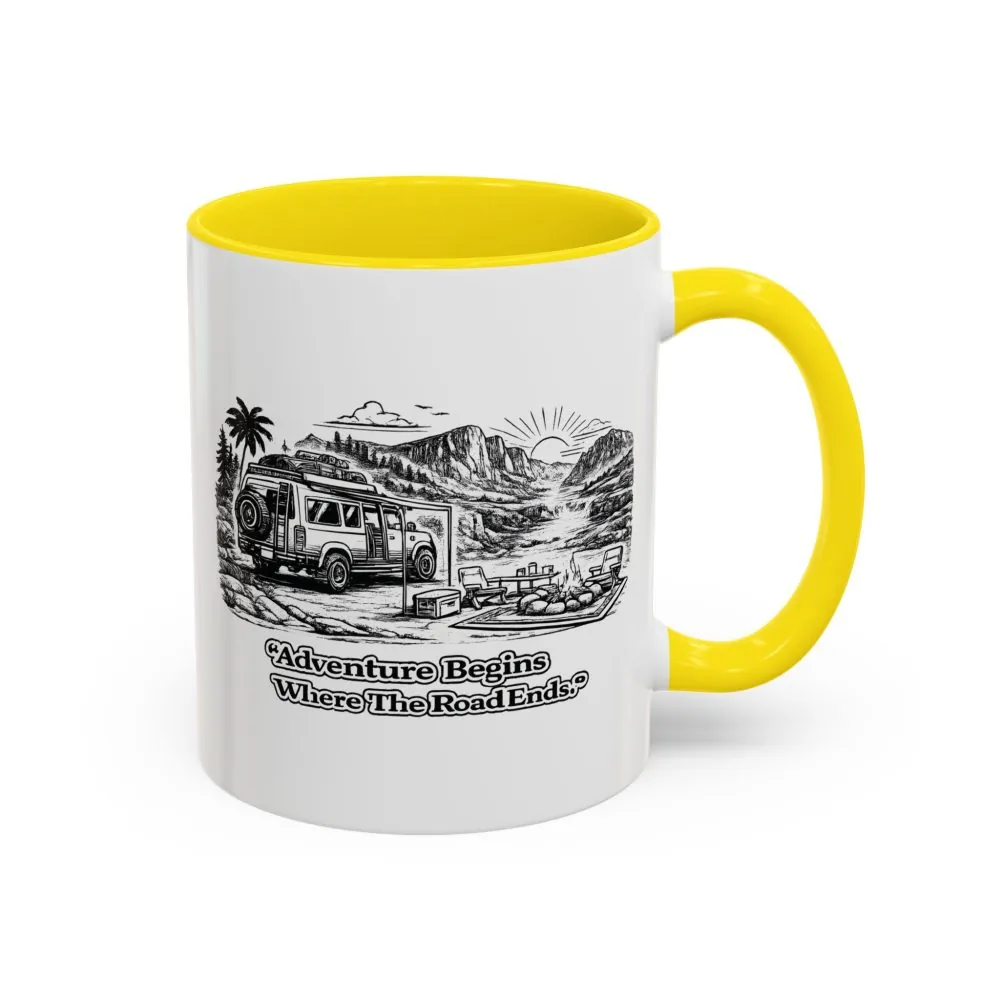 Accent Coffee Mug (11, 15oz) — "Adventure Begins Where The Road Ends" Design Minimal-Line