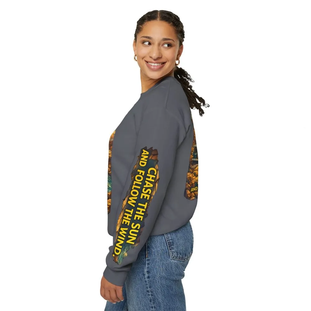 Unisex Heavy Blend™ Crewneck Sweatshirt — "Chase The Sun And Follow The Wind" Design Cubic-Line