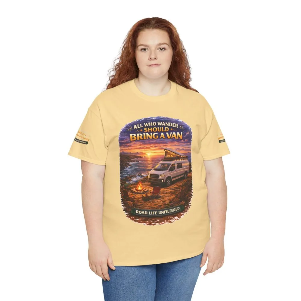 Unisex Heavy Cotton Tee — "All Who wander Should Bring A Van" Design Scenic-Line
