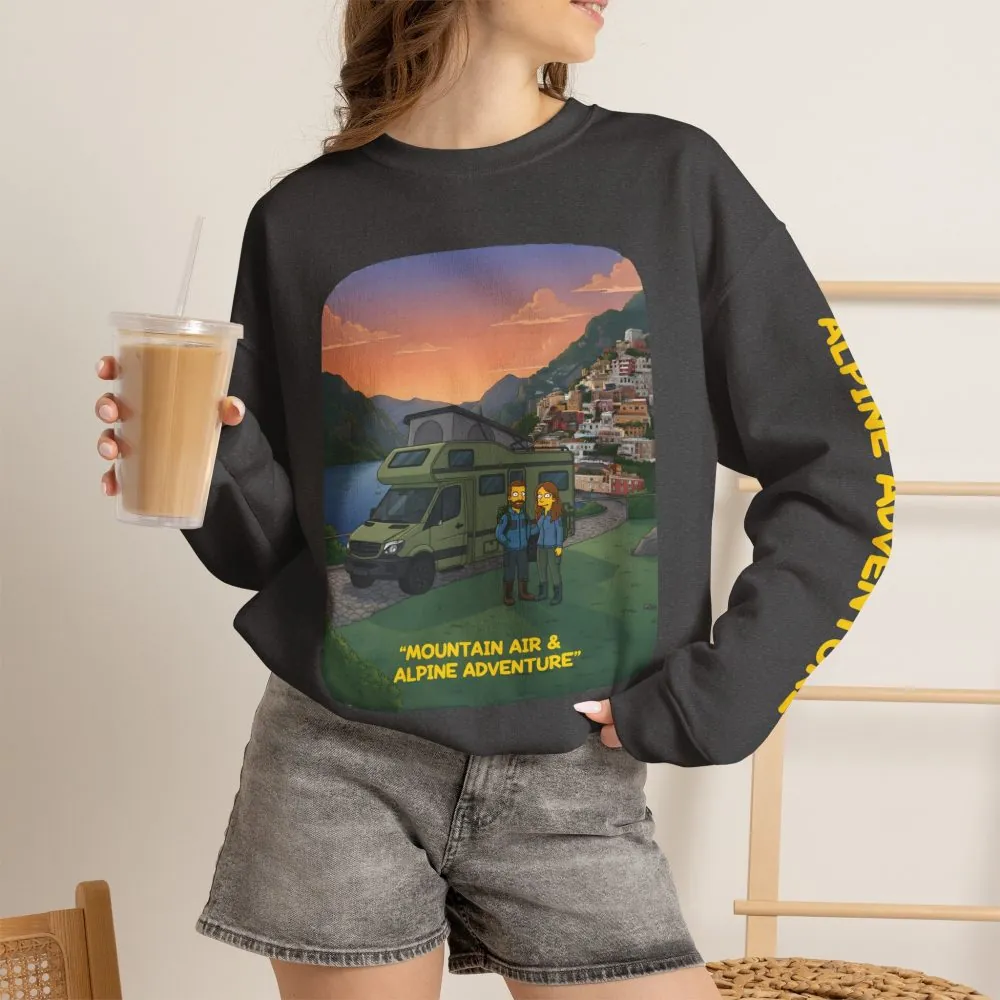 Unisex Heavy Blend™ Crewneck Sweatshirt — "Mountain Air And Alpine Adventure"" Design Sitcom-Line