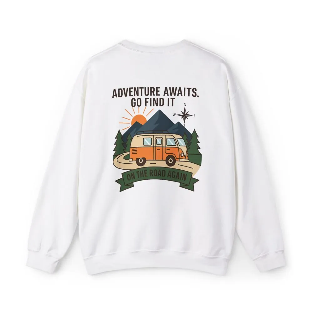 Crewneck Sweatshirt - "Adventure Awaits On The Road Again" Vintage Camper Van