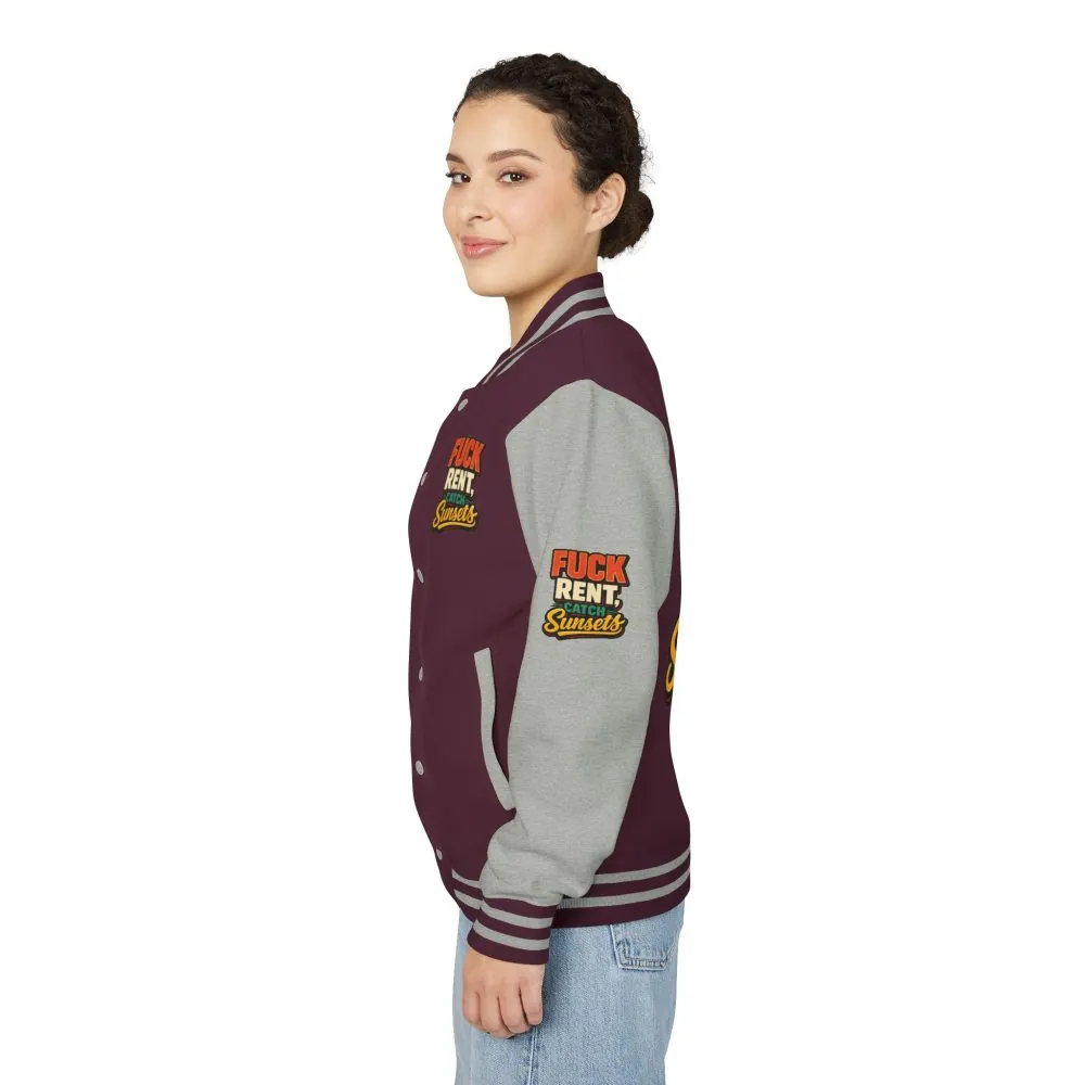 Unisex Heavyweight Letterman Jacket — "Fuck Rent Catch Sunsets" Design F**K-Line