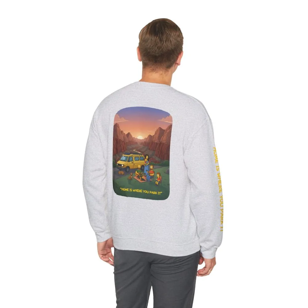 Unisex Heavy Blend™ Crewneck Sweatshirt — "Home Is Where You Park It" Design Sitcom-Line