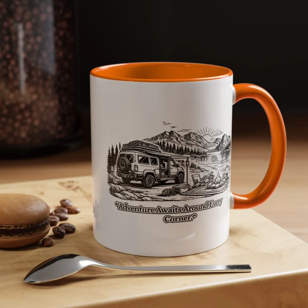 Accent Coffee Mug (11, 15oz) — "Adventure Awaits Around Every Corner" Design Minimal-Line