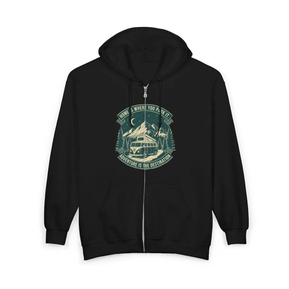 6806367233577380542_2048.jpeg Zip Hoodie — "Home Is Where You Park It-Adventure is the destination"(Front + Back Printed) Camper Van Adventure Zip-Up