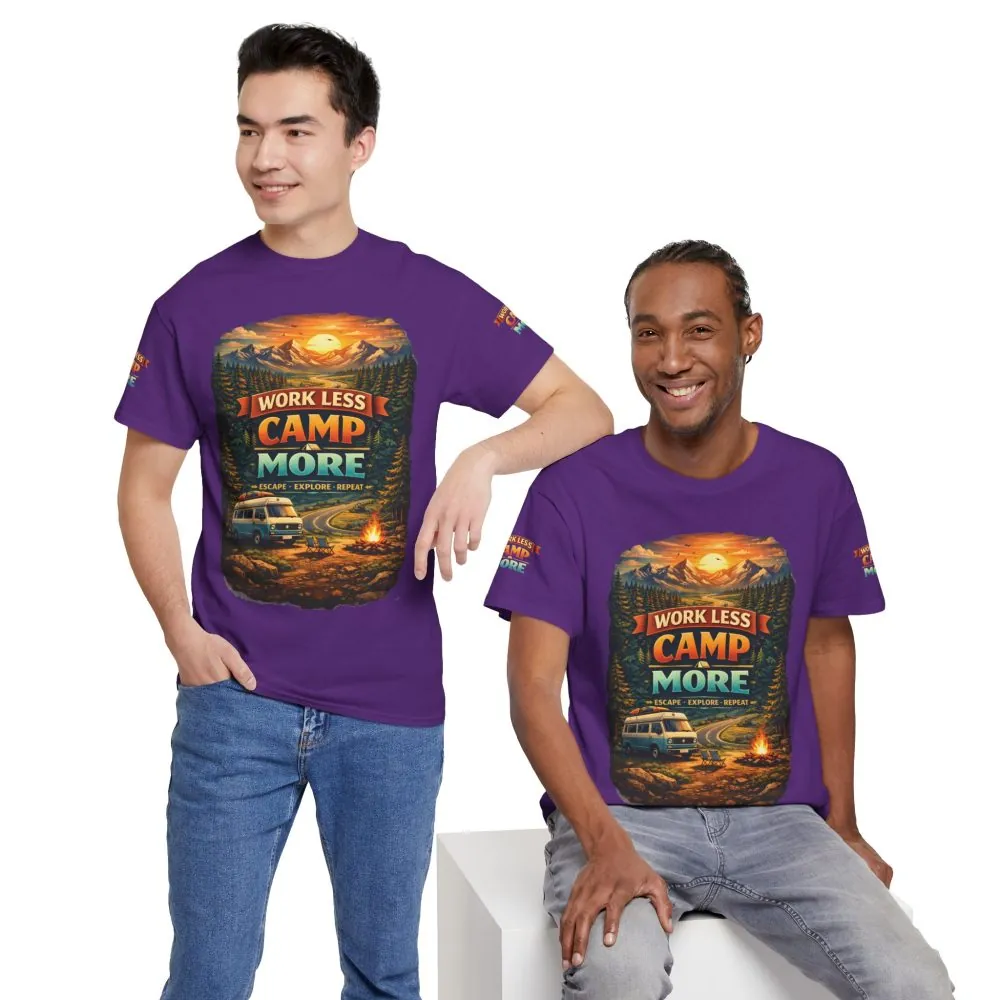 Unisex Heavy Cotton Tee — "Work Less Camp More" Design Scenic-Line