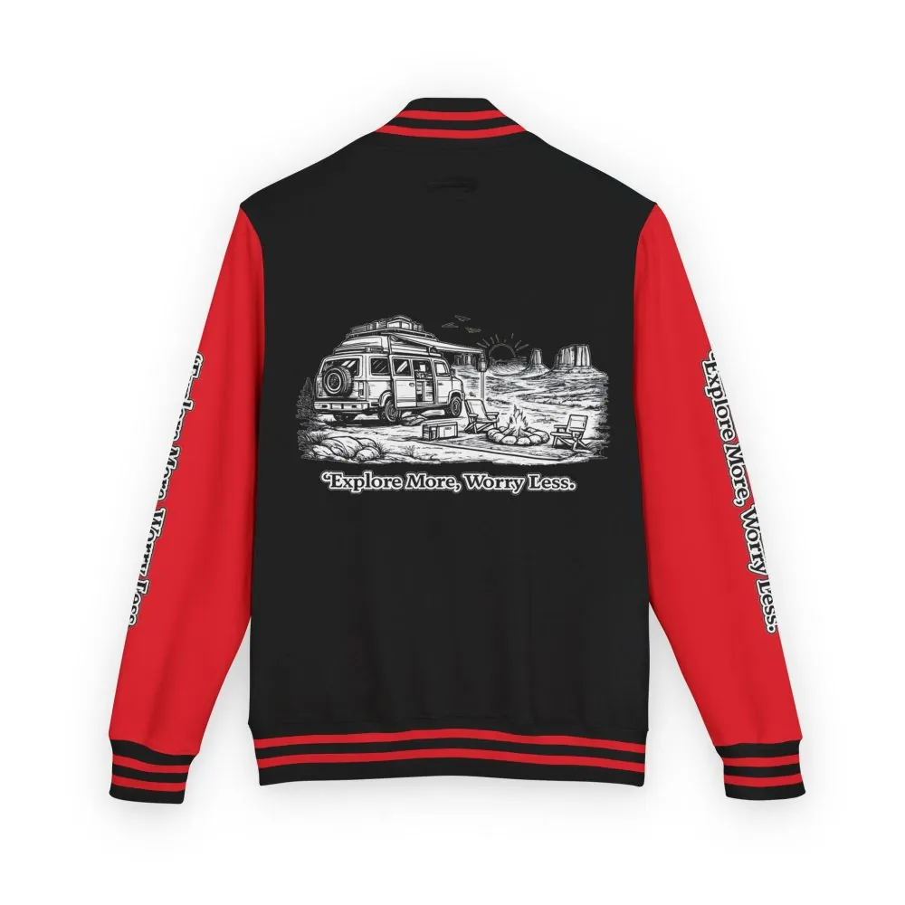 Unisex Heavyweight Letterman Jacket — "Explore More Worry Less" Travel Varsity Coat