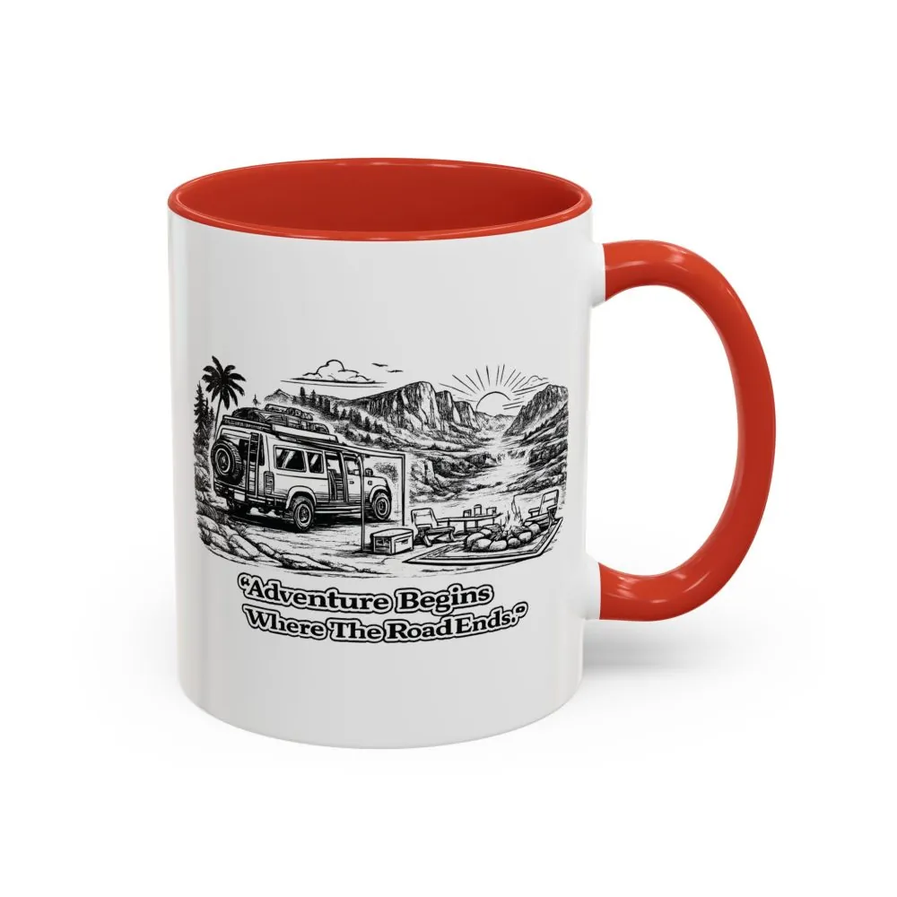 Accent Coffee Mug (11, 15oz) — "Adventure Begins Where The Road Ends" Design Minimal-Line