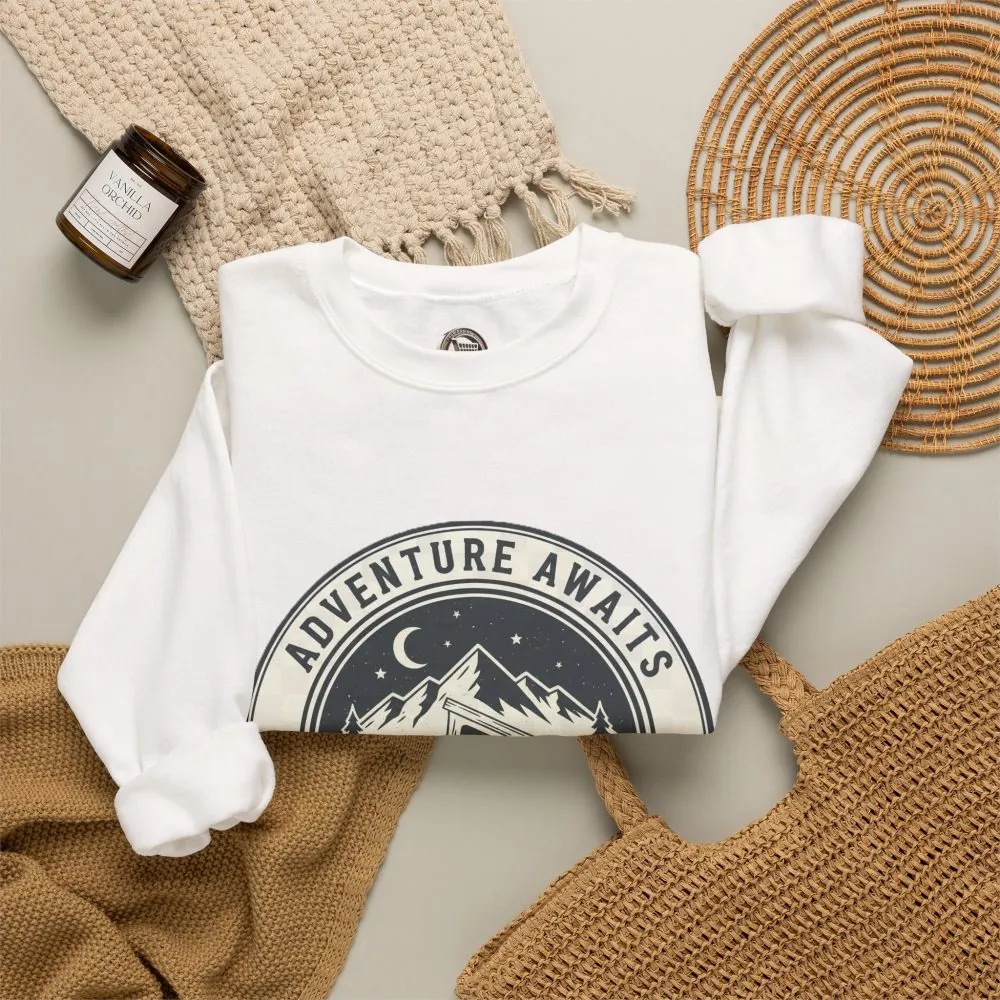 Crewneck Sweatshirt — "Adventure Awaits-Go Where You Feel Most Alive" (Font + Back + Sleaves printed) Vintage Camper Van Outdoor Graphic