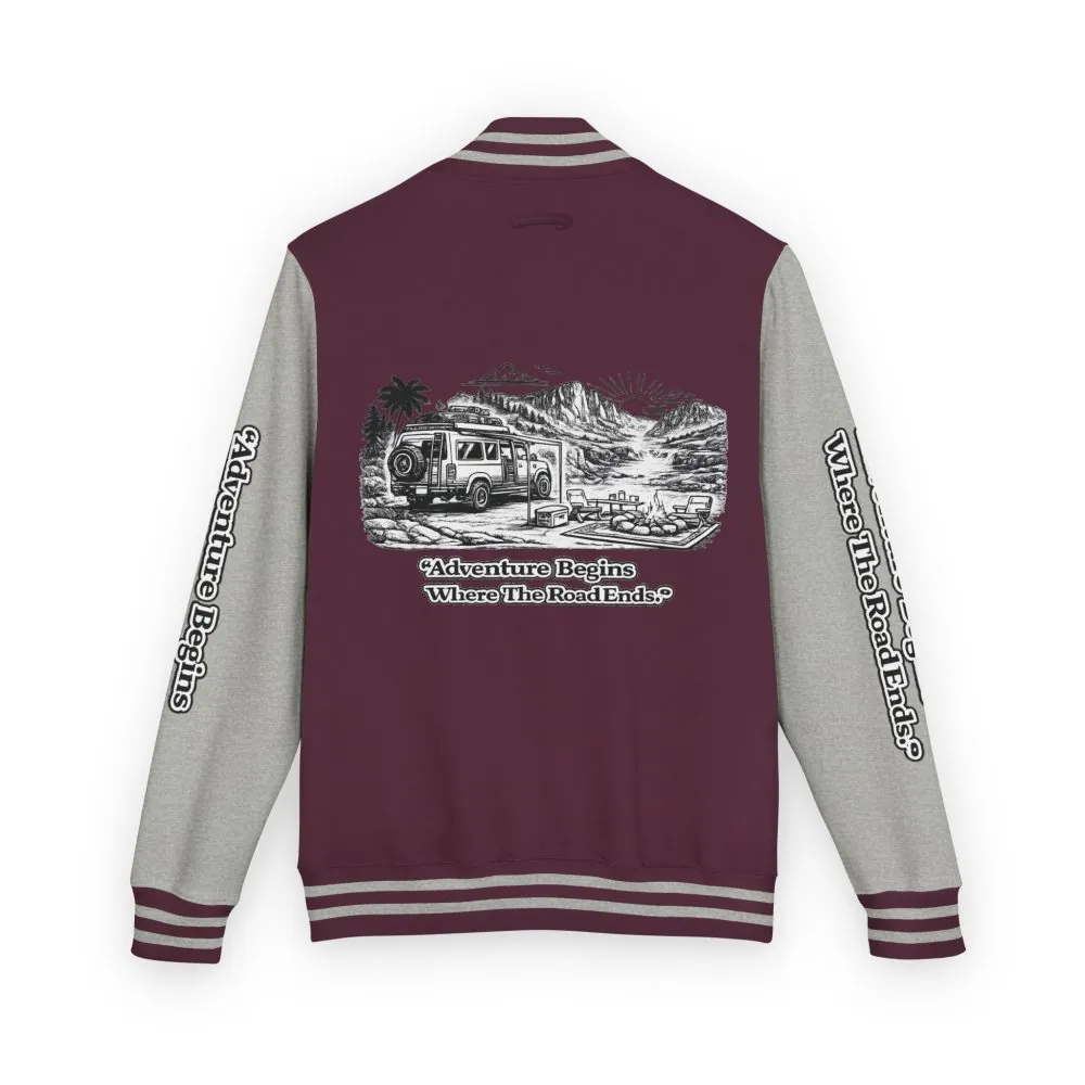 Unisex Heavyweight Letterman Jacket — "Adventure Begins Where The Road Ends" Travel Varsity Coat