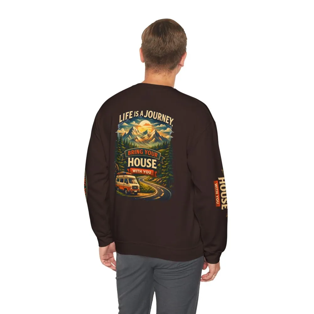 Unisex Heavy Blend™ Crewneck Sweatshirt — "Live Is A Journey-Bring Your House With You" Design Scenic-Line