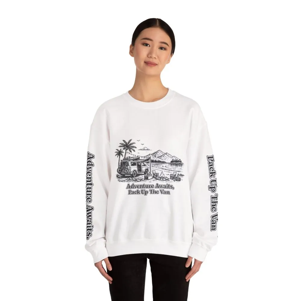 Unisex Heavy Blend™ Crewneck Sweatshirt — "Adventure Awaits,Pack Up The Van" Design Minimal-Line