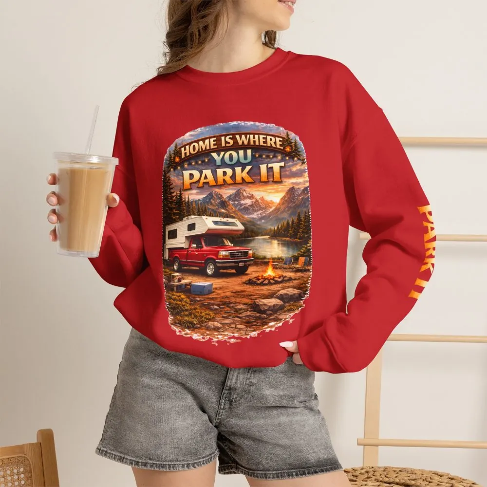 Unisex Heavy Blend™ Crewneck Sweatshirt — "Home Is Where You Park It" Design Scenic-Line