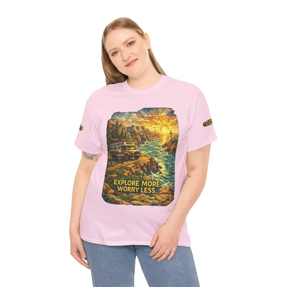6852908343492704536_2048.jpeg Unisex Heavy Cotton Tee — "Explore More Worry Less" Design Cubic-Line