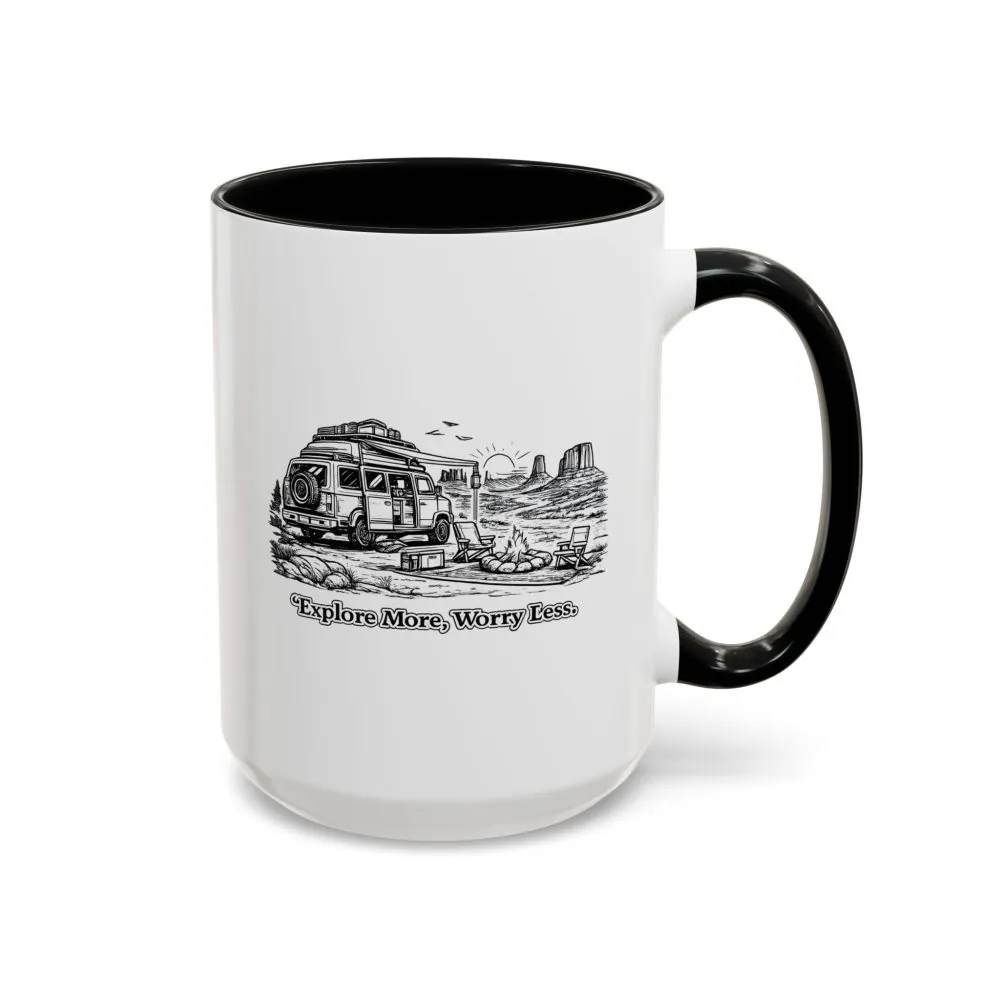 Accent Coffee Mug (11, 15oz) — "Explore More Worry Less" Design Minimal-Line