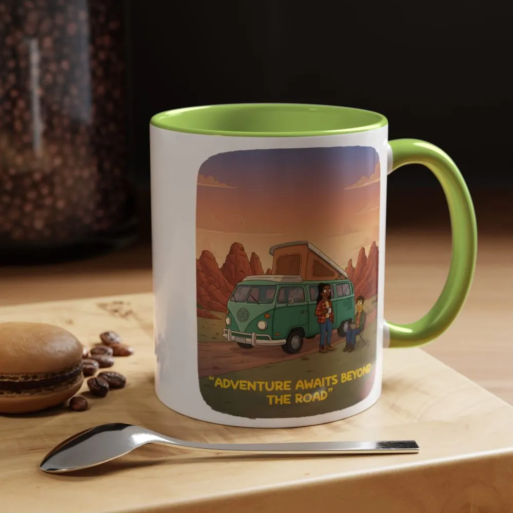 Accent Coffee Mug (11, 15oz) — "Adventure Awaits Beyond The Road" Design Sitcom-Line