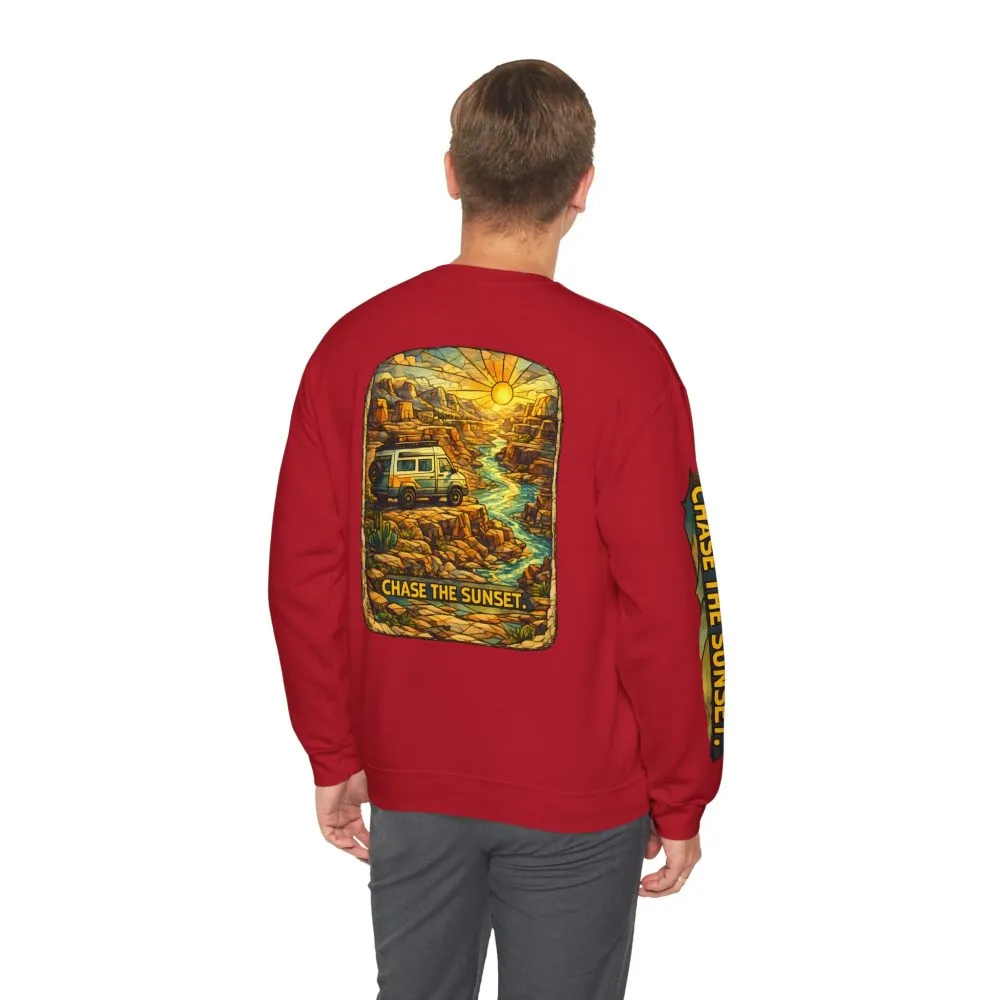 Unisex Heavy Blend™ Crewneck Sweatshirt — "Chase The Sunset" Design Cubic-Line