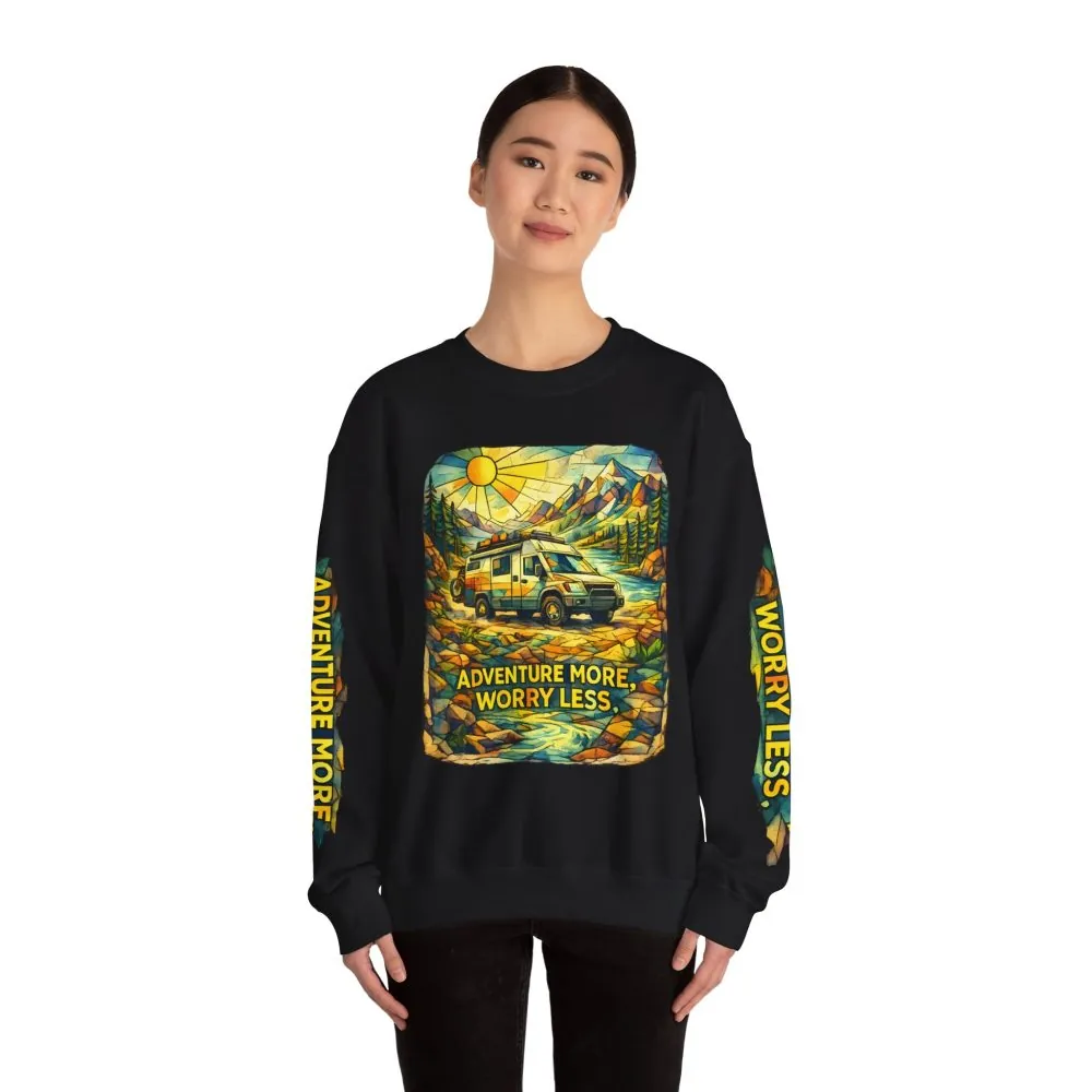 Unisex Heavy Blend™ Crewneck Sweatshirt — "Adventure More Worry Less" Design Cubic-Line