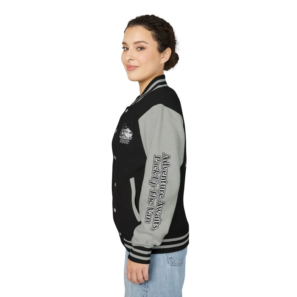 Unisex Heavyweight Letterman Jacket — "Adventure Awaits,Pack Up The Van" Travel Varsity Coat