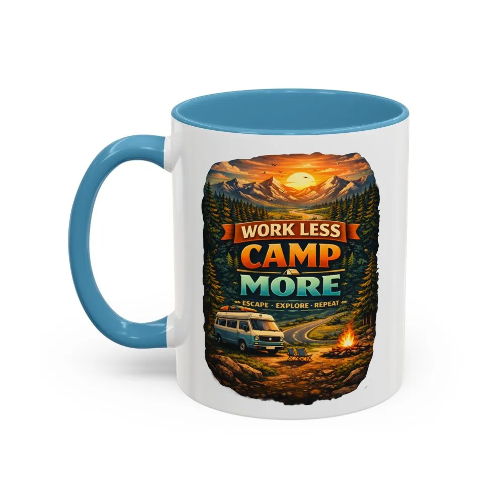 Accent Coffee Mug (11, 15oz) — "Work Less-Camp More" Design Scenic-Line