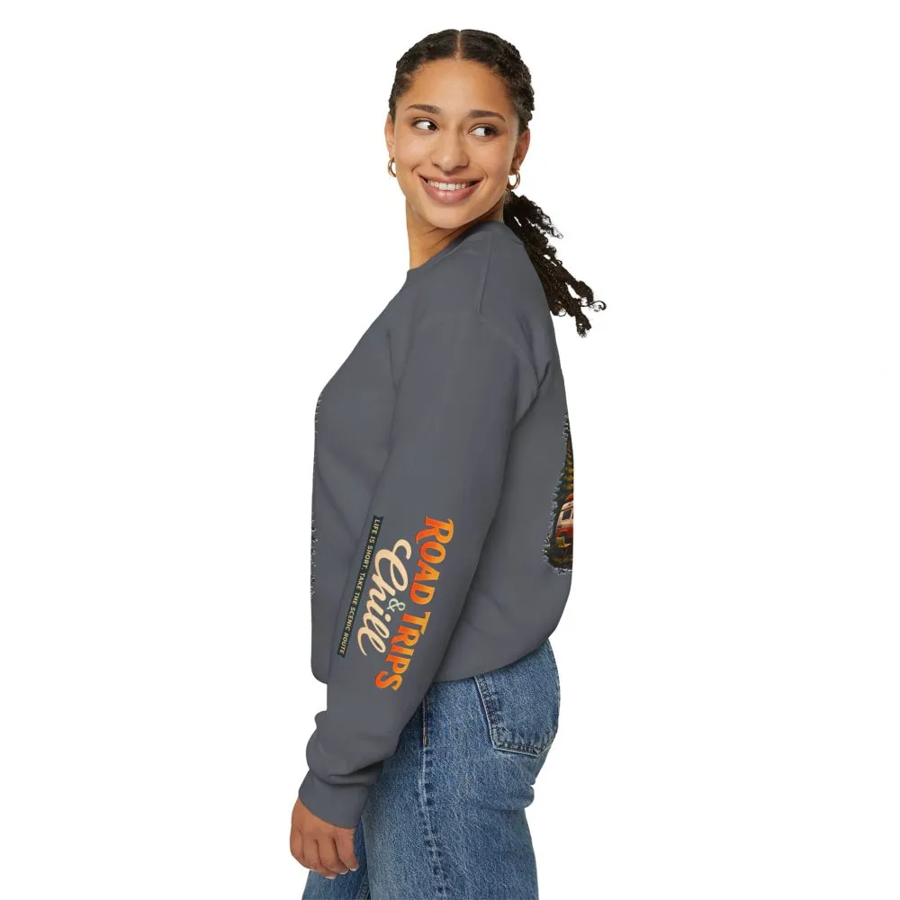 Unisex Heavy Blend™ Crewneck Sweatshirt — "Road Trips & Chill" Design Scenic-Line