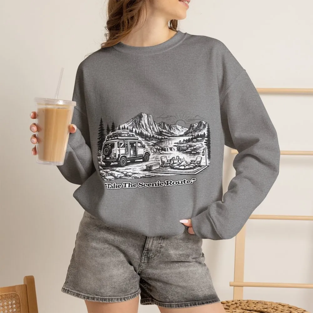 6939022663869314205_2048.jpeg Unisex Heavy Blend™ Crewneck Sweatshirt — "Take The Scenic Route" Design Minimal-Line
