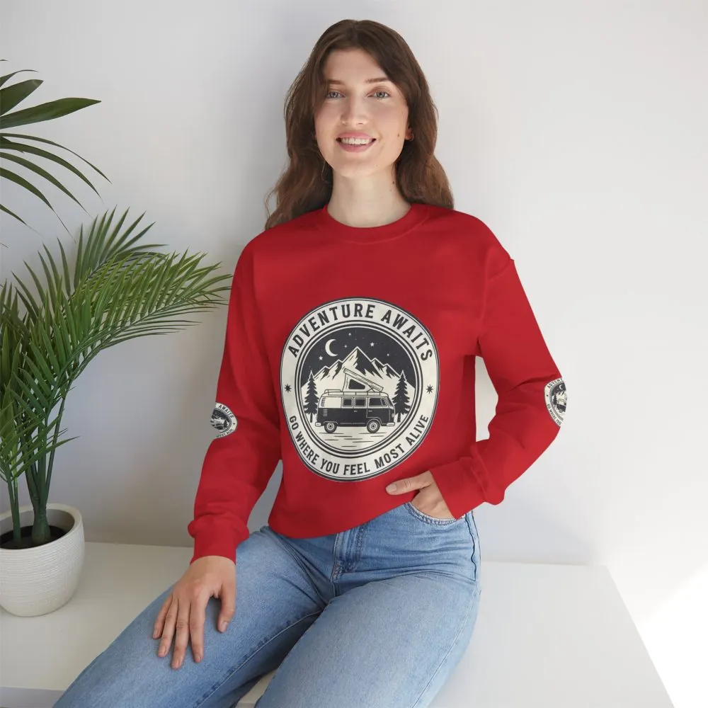 Crewneck Sweatshirt — "Adventure Awaits-Go Where You Feel Most Alive" (Font + Back + Sleaves printed) Vintage Camper Van Outdoor Graphic