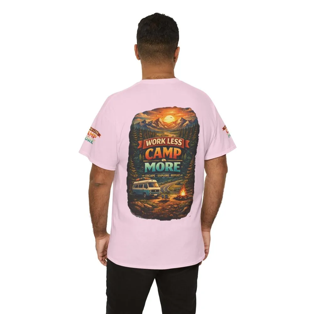 Unisex Heavy Cotton Tee — "Work Less Camp More" Design Scenic-Line