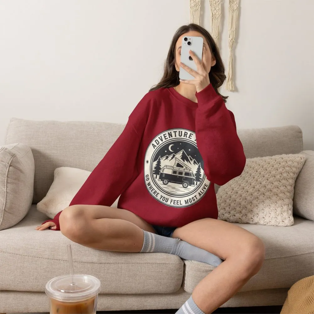 Crewneck Sweatshirt — "Adventure Awaits-Go Where You Feel Most Alive" (Only Font + Back printed) Vintage Camper Van Outdoor Graphic