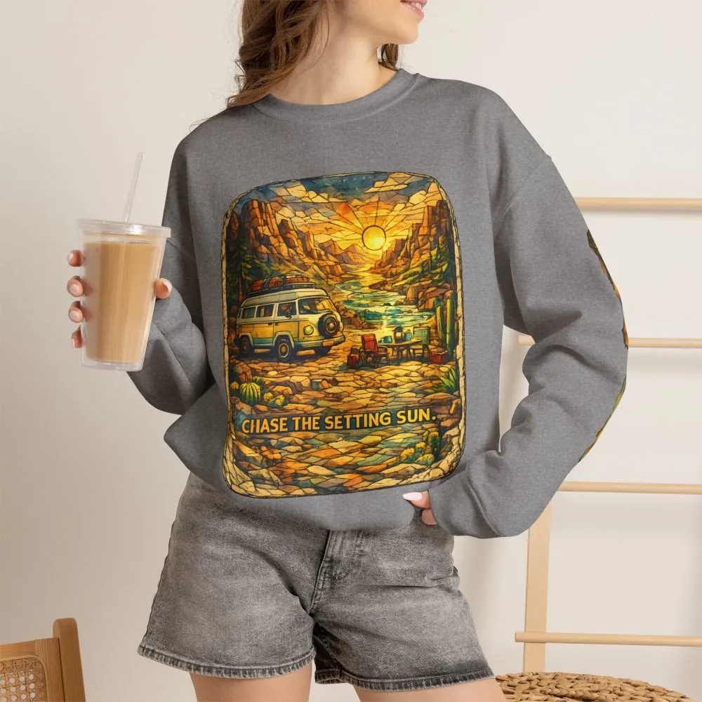 Unisex Heavy Blend™ Crewneck Sweatshirt — "Chase The Settings Sun" Design Cubic-Line