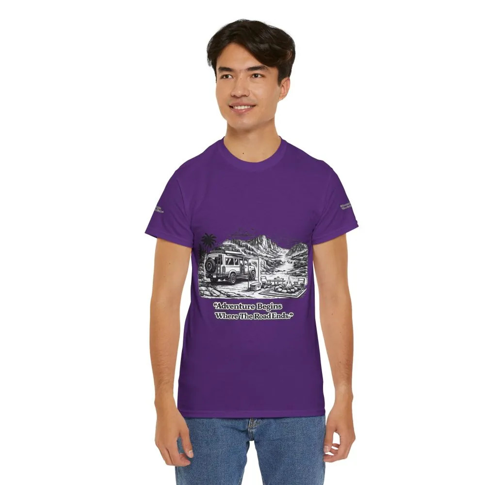 Unisex Heavy Cotton Tee — "Adventure Begins Where The Road Ends" Design Minimal-Line