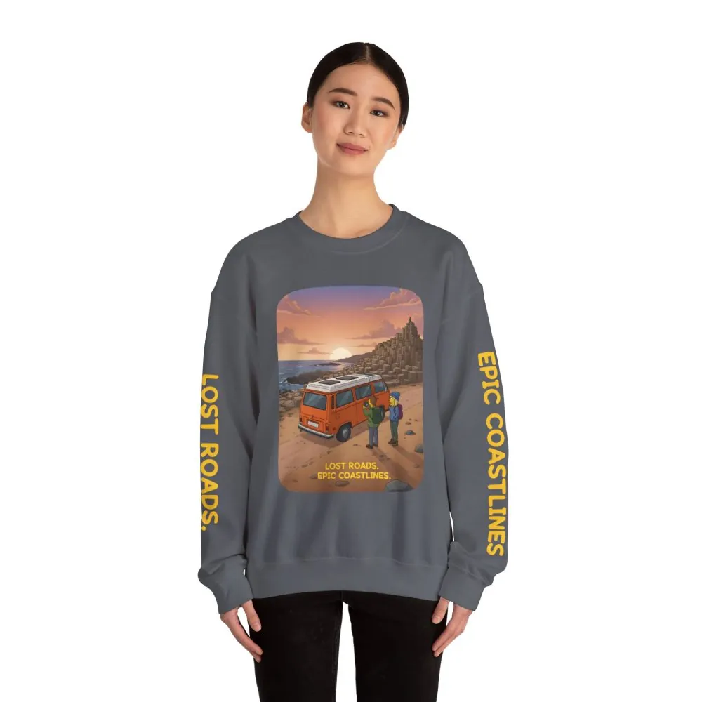 Unisex Heavy Blend™ Crewneck Sweatshirt — "Lost Roads Epic Coastlines" Design Sitcom-Line