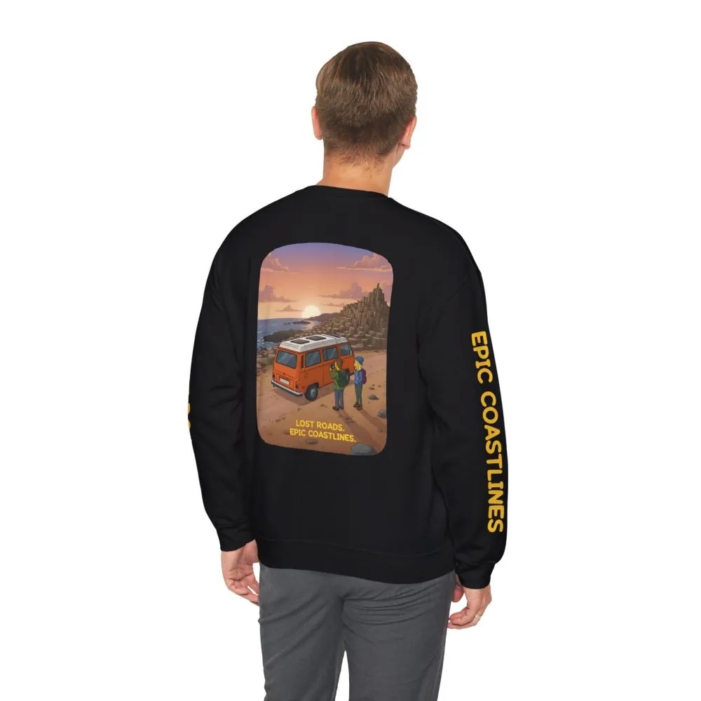 Unisex Heavy Blend™ Crewneck Sweatshirt — "Lost Roads Epic Coastlines" Design Sitcom-Line