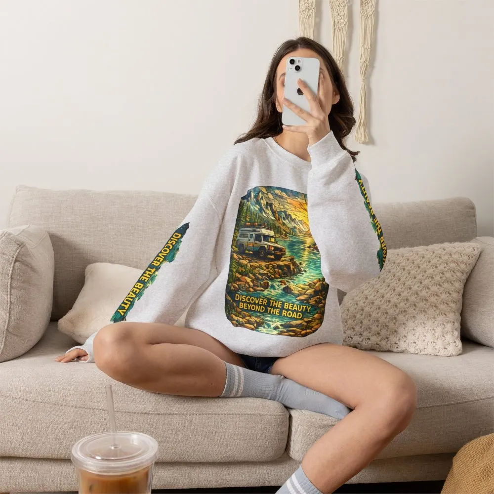Unisex Heavy Blend™ Crewneck Sweatshirt — "Discover The Bieuty Beyond The Road" Design Cubic-Line