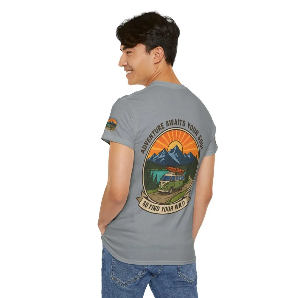 Unisex Heavy Cotton Tee — “Adventure Awaits Your Soul: Go Find Your Wild” Van & Mountain Graphic