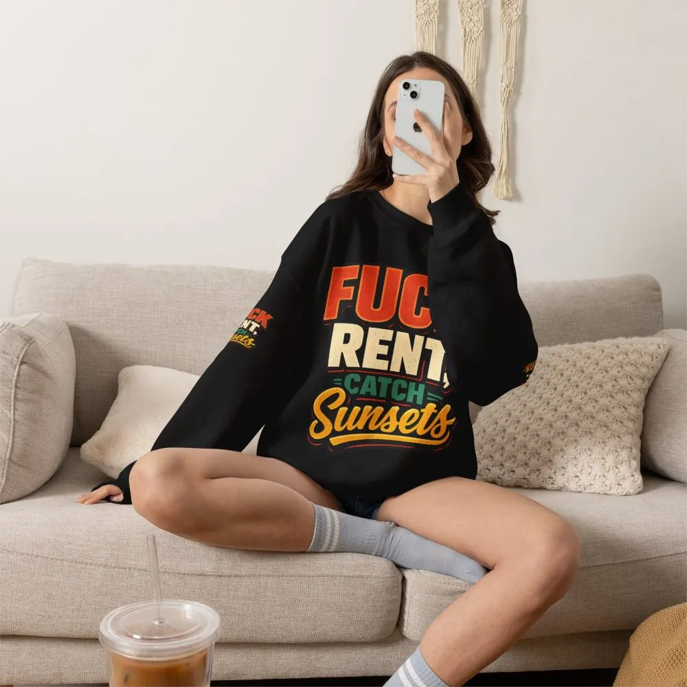 Unisex Heavy Blend™ Crewneck Sweatshirt — "Fuck Rent Catch Sunsets" Design F**K-Line