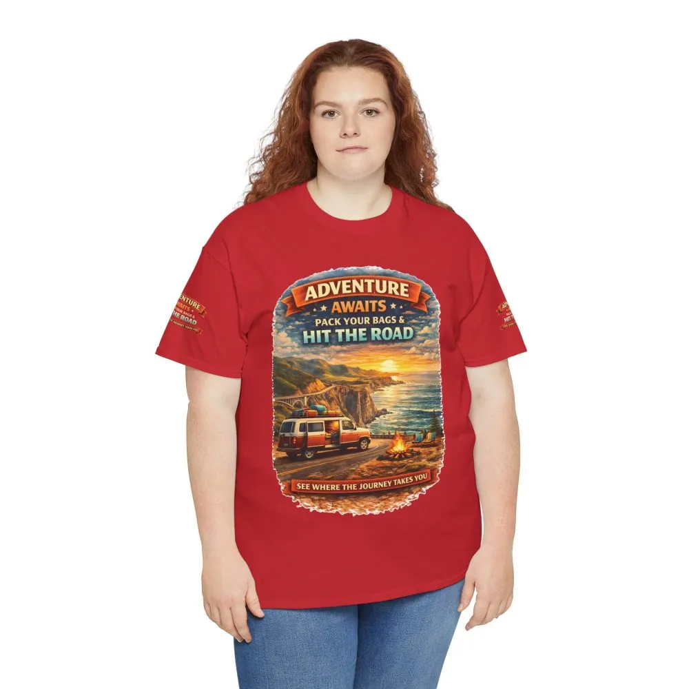 Unisex Heavy Cotton Tee — "Adventure Awaits-Pack Your Bags" Design Scenic-Line