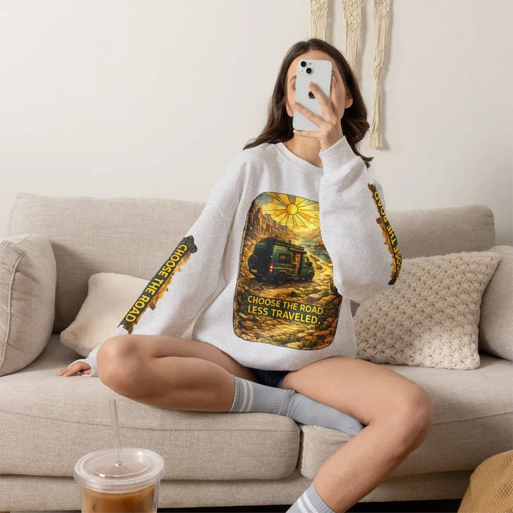 Unisex Heavy Blend™ Crewneck Sweatshirt — "Choose The Road Less Traveled" Design Cubic-Line