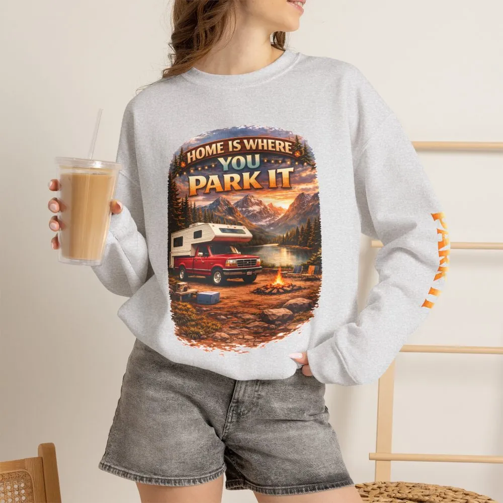 Unisex Heavy Blend™ Crewneck Sweatshirt — "Home Is Where You Park It" Design Scenic-Line