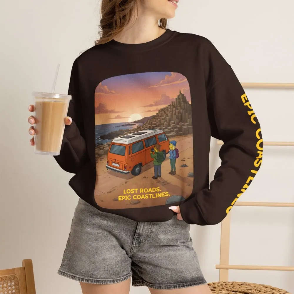 Unisex Heavy Blend™ Crewneck Sweatshirt — "Lost Roads Epic Coastlines" Design Sitcom-Line