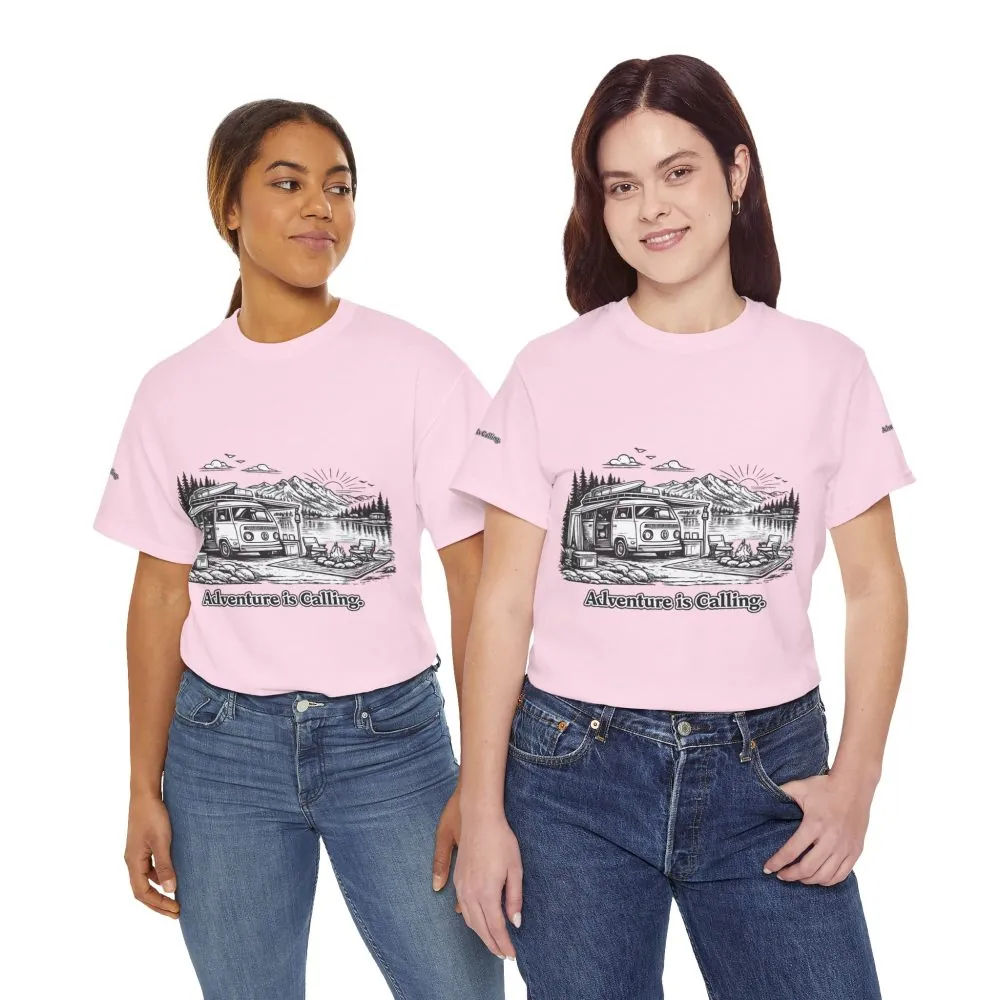 Unisex Heavy Cotton Tee — "Adventure Is Calling" Design Minimal-Line