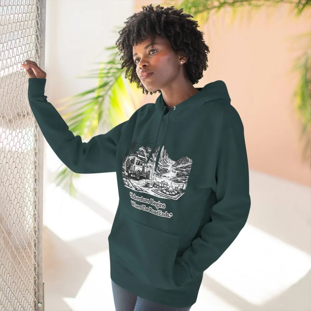7070912200660741640_2048.jpeg Three-Panel Fleece Hoodie - "Adventure Begins Where The Road Ends" Design Minimal-Line