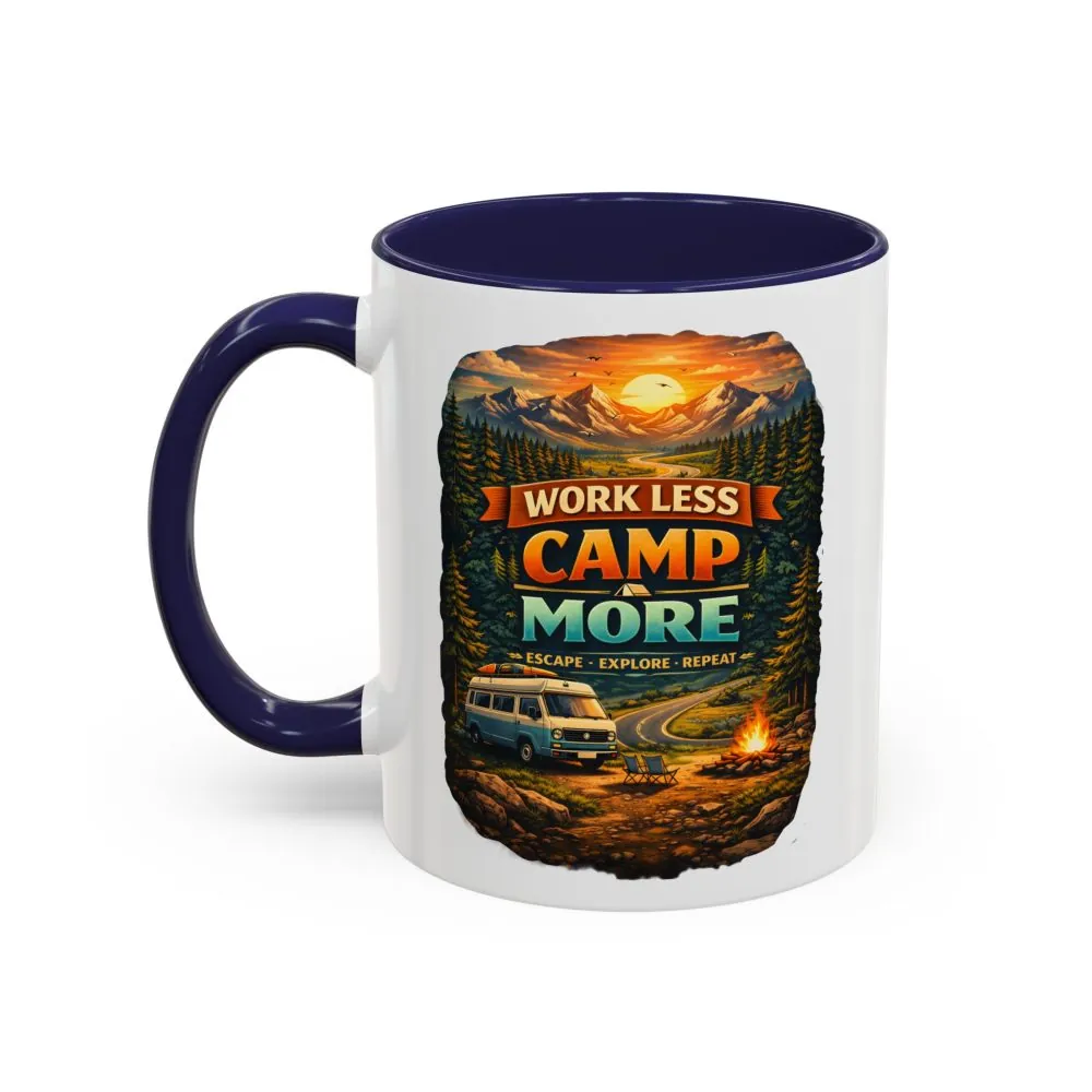 Accent Coffee Mug (11, 15oz) — "Work Less-Camp More" Design Scenic-Line
