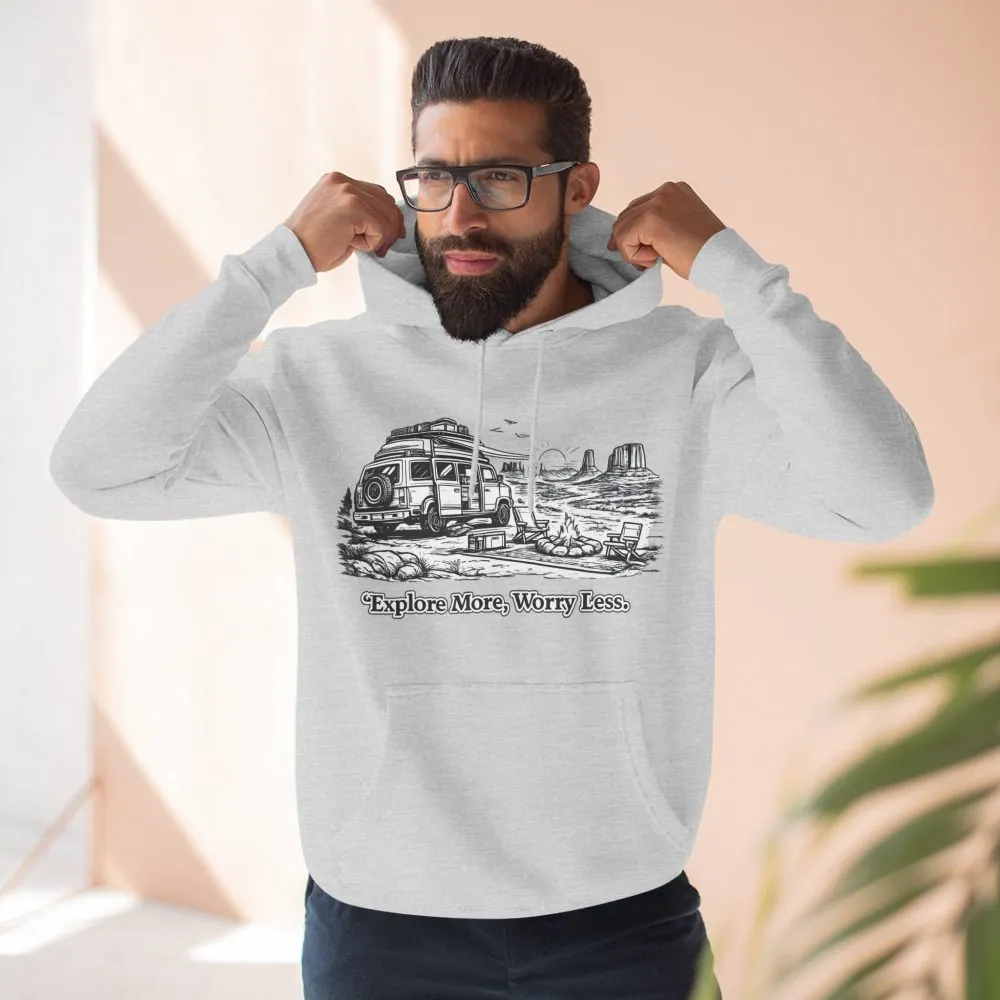 Three-Panel Fleece Hoodie - "Explore More Worry Less" Design Minimal-Line