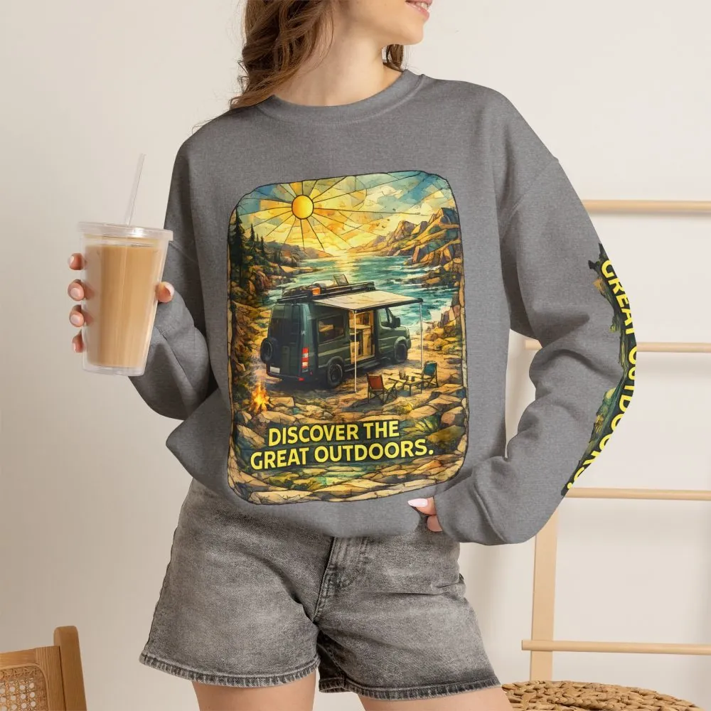 Unisex Heavy Blend™ Crewneck Sweatshirt — "Discover The Great Outdoors" Design Cubic-Line